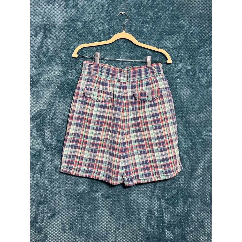 Vintage High Waisted Plaid Pleated Shorts Teal Navy Red Multi Color Check